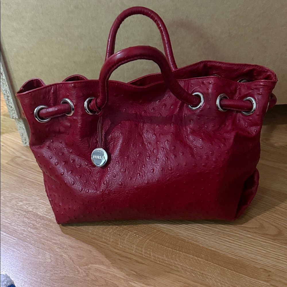 NWT Authentic Furla Deep Red Ostrich Embossed Leather  with Leather Handles